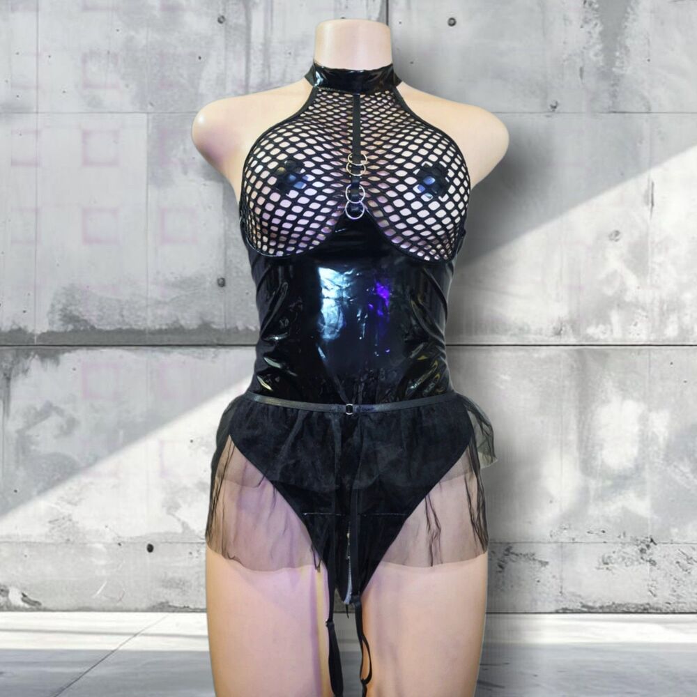Vinyl Fishnet Halter Bodysuit Detachable Garter Belt Medium Dominatrix Alt